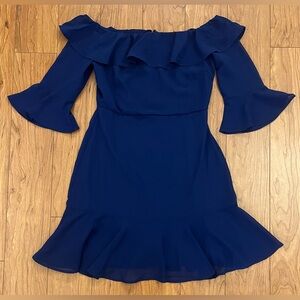 Lulus SmallNavy Blue Off-The-Shoulder Dress Ruffle Bell Sleeves Mini Fit & Flare